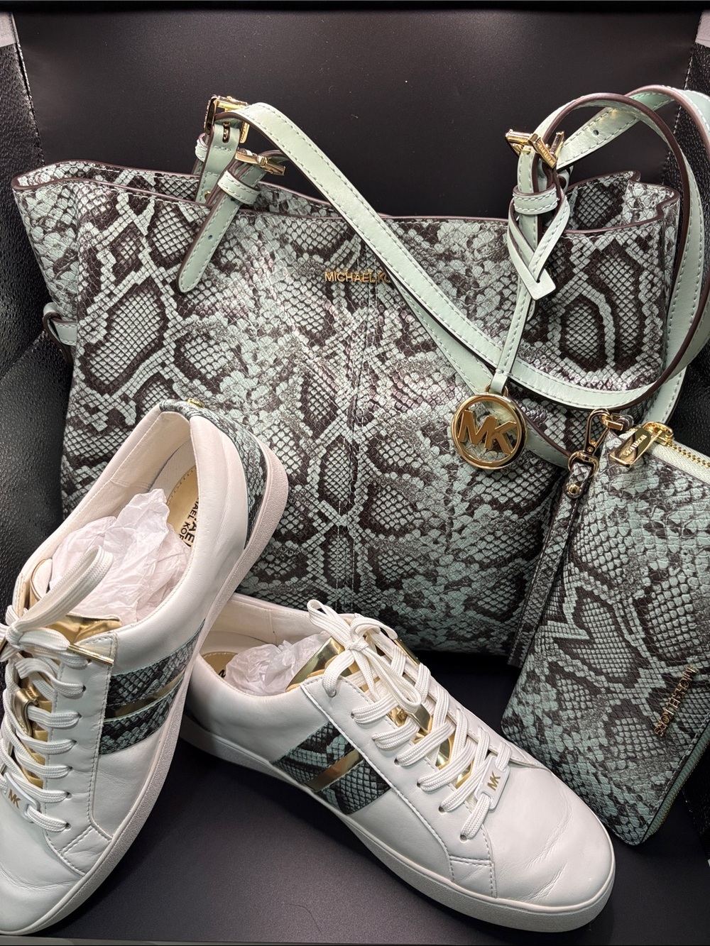Michael Kors Mint Snake-Print Tote with Matching Wristlet and White Sneakers